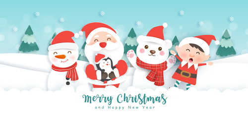 Santa Claus and friends greeting card vector