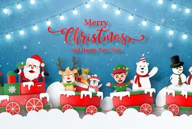 Santa Claus and friends sitting on the little train card vector