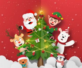 Santa Claus and friends with Christmas tree vector