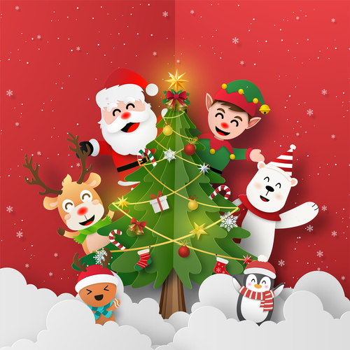 Santa Claus and friends with Christmas tree vector