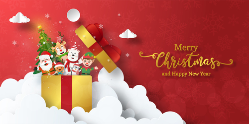 Santa and friends hiding in gift box vector