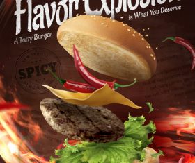 Spicy taste 3d illustration hamburger advertising vector