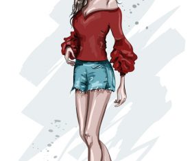 Street fashion girl watercolor illustration vector