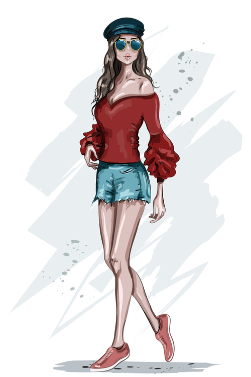 Street fashion girl watercolor illustration vector