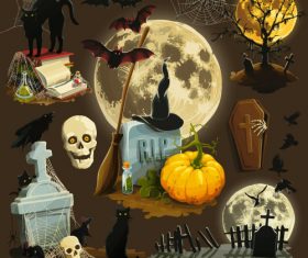 Tombstone black cat halloween element card vector