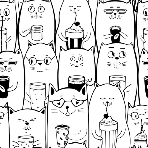 White cats with coffee drinks seamless pattern vector