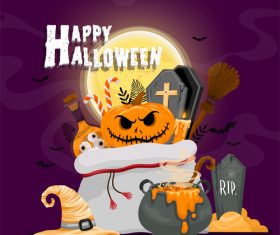 Wizard hat and pumpkin tombstone halloween illustration vector