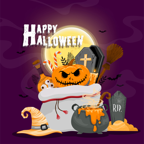 Wizard hat and pumpkin tombstone halloween illustration vector