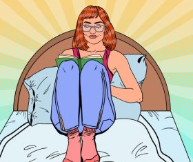 Woman cartoon sitting on bed reading book vector
