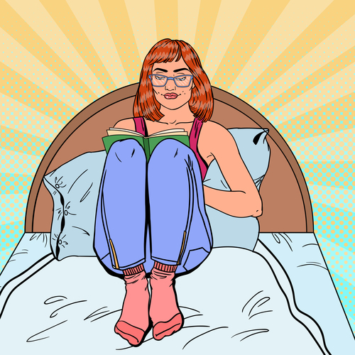 Woman cartoon sitting on bed reading book vector