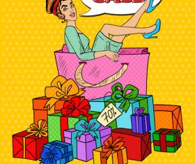 Woman sitting in huge gift box pop art vector