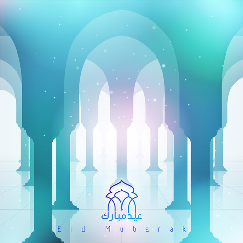 mosque pillars for greeting background with arabic calligraphy and text Eid Mubarak vector