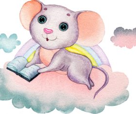 A mouse reading a book watercolor illustration vector
