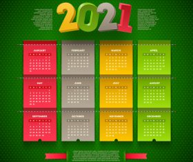 Beautiful 2021 calendar vector on green background