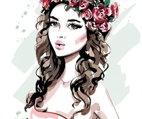 Beautiful girl head wearing a wreath hand drawn vector