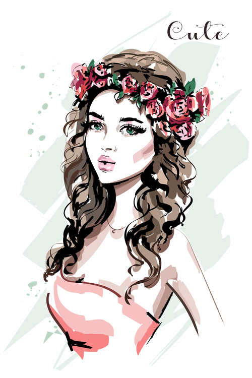 Beautiful girl head wearing a wreath hand drawn vector
