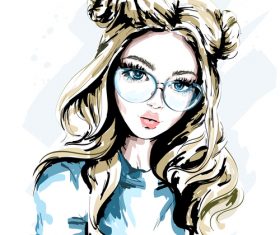 Beautiful girl with glasses watercolor illustration vector