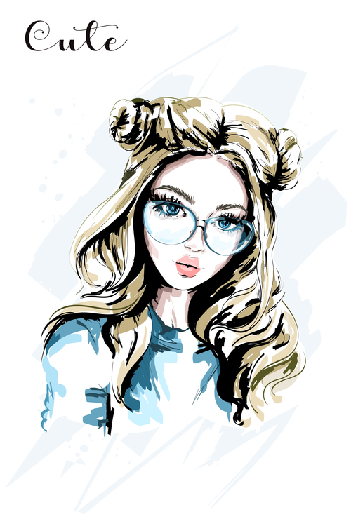 Beautiful girl with glasses watercolor illustration vector