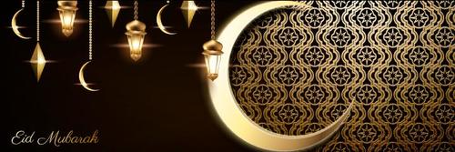 Black and gold background Eid mubarak greeting card vector