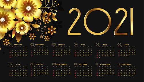 Black background 2021 calendar vector