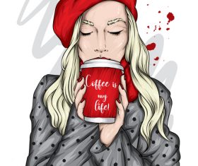 Blond girl drinking coffee vector