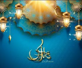 Blue background golden lights Eid mubarak card vector