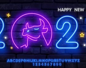 Blue pink neon signboard 2021 new year vector
