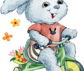 Bunny riding a tricycle watercolor illustration vector