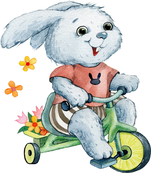 Bunny riding a tricycle watercolor illustration vector