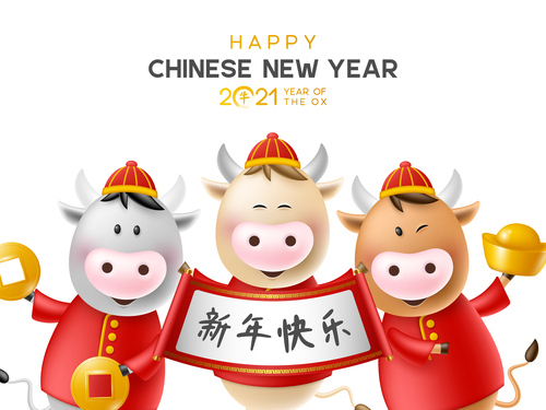 Cartoon cow 2021 new year greeting card vector
