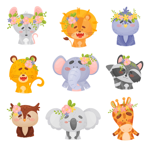 Cartoon vector of various animals wearing flowers