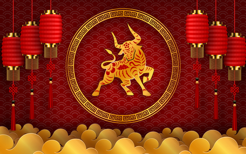 Chinese 2021 Year of the Ox greeting card vector