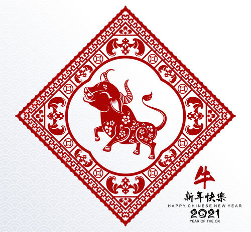 Chinese 2021 Year of the Ox paper cut vector