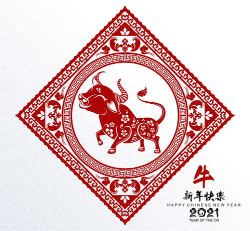 Chinese style 2021 ox year paper cut vector