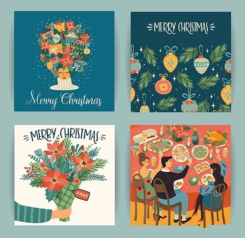 Christmas and happy new year illustrations in trendy retro style vector