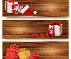 Christmas gift banner vector on brown wooden board background