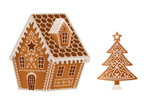 Christmas gingerbreads cottage and christmas tree vector