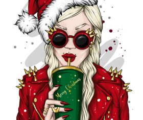 Christmas girl drinking a drink vector