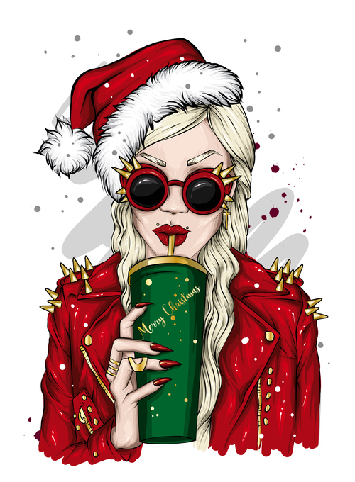 Christmas girl drinking a drink vector