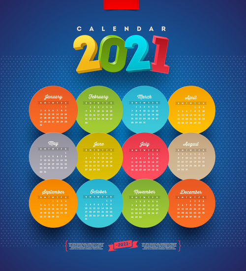 Colorful circular pattern 2021 calendar vector