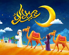 Couple holding camels in the desert vector