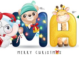 Cute animals and Xmas letters vector