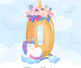 Cute doodle unicorn with number 0 vector illustration