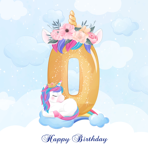 Cute doodle unicorn with number 0 vector illustration