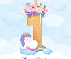 Cute doodle unicorn with number 1 vector illustration