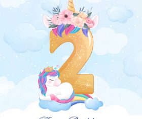 Cute doodle unicorn with number 2 vector illustration