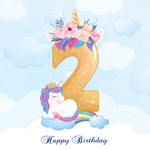 Cute doodle unicorn with number 2 vector illustration free download