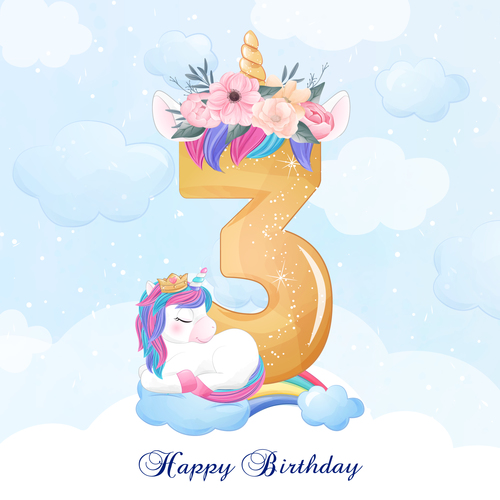 Cute doodle unicorn with number 3 vector illustration