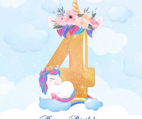 Cute doodle unicorn with number 4 vector illustration