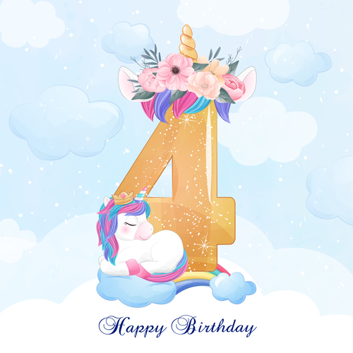 Cute doodle unicorn with number 4 vector illustration